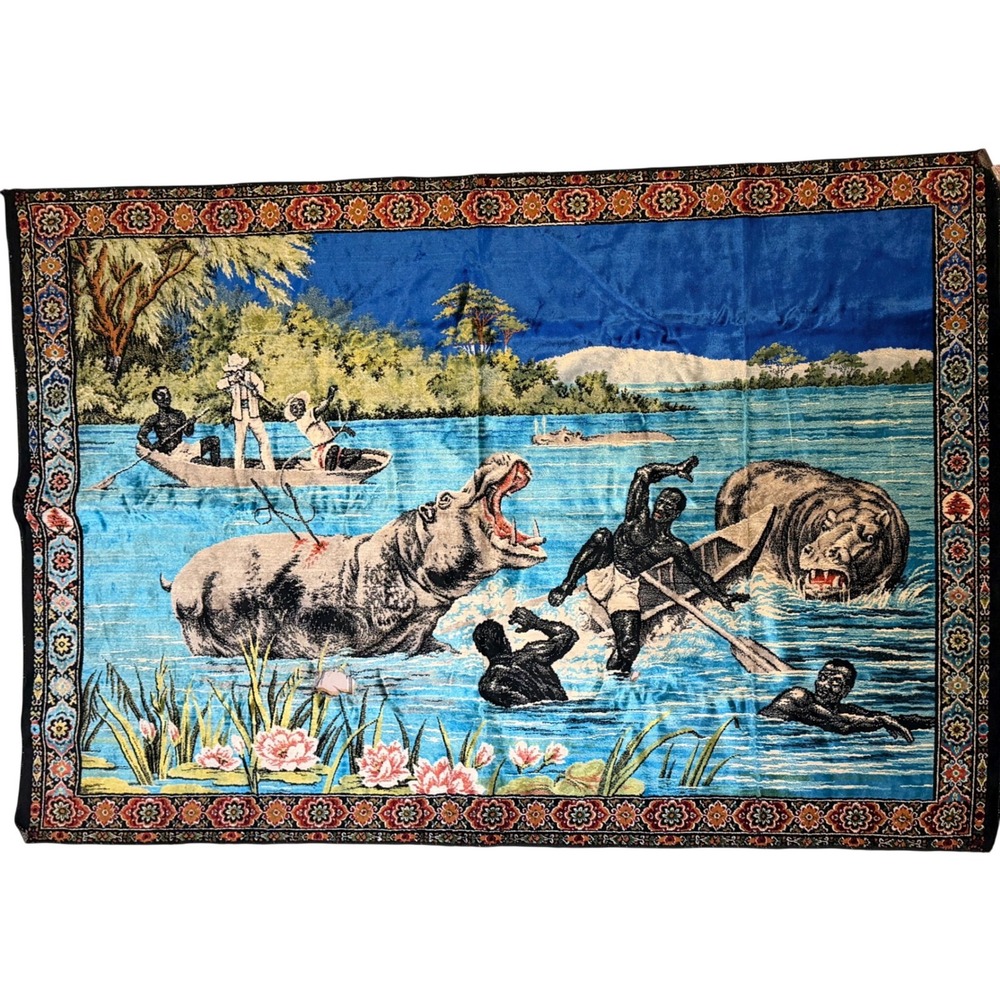 Vintage Velvet Wall Tapestry African Safari Hippo River Scene Large 48x73